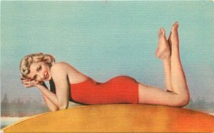 1950s Sexy Blonde red  bathing suit beauty 1950s Postcard Asheville 22-5082