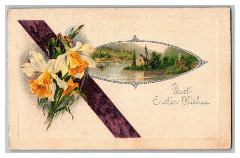 Postcard Best Easter Wishes Vintage Standard View Card Flowers Church Scene