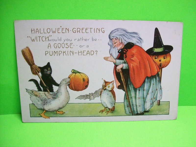 Vintage Halloween Postcard Whitney Gray Hair Witch Goose Owl Black Cat Original 