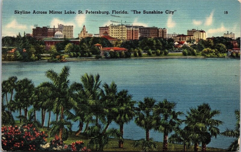 Mirror Lake St Petersburg Florida Sunshine City Skyline Linen Cancel Postcard 