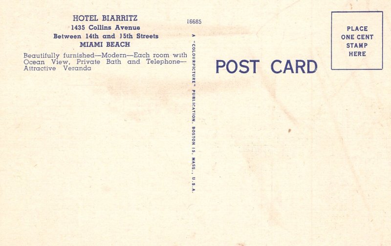 US    PC2664  HOTEL BIARRITZ, MIAMI BEACH, FLORIDA