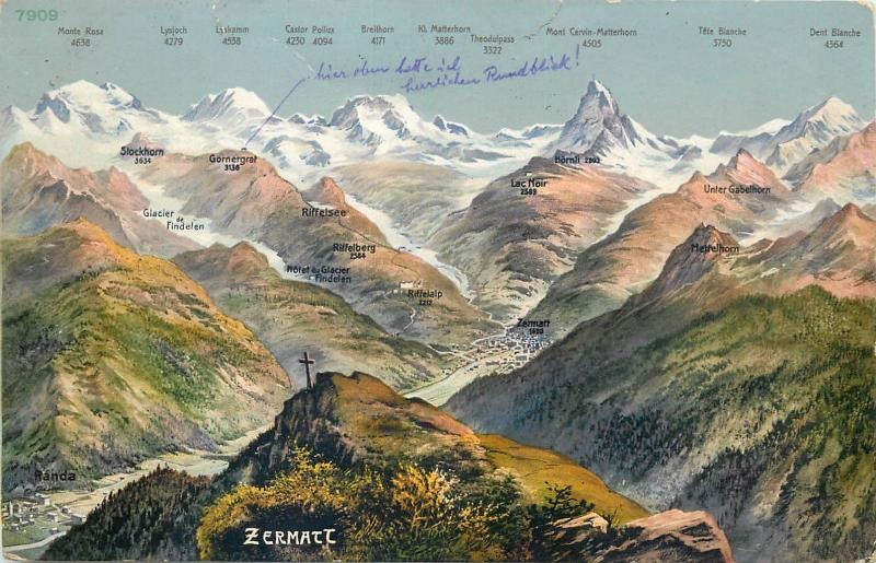 Zermatt mountains cross peaks map vintage postcard Austria