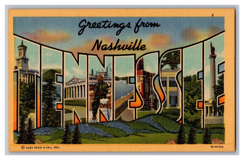 Postcard TN Greetings From Tennessee Nashville LARGE Letter Card