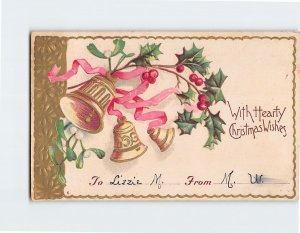 Postcard With Hearty Christmas Wishes with Bells Hollies Embossed Art Print