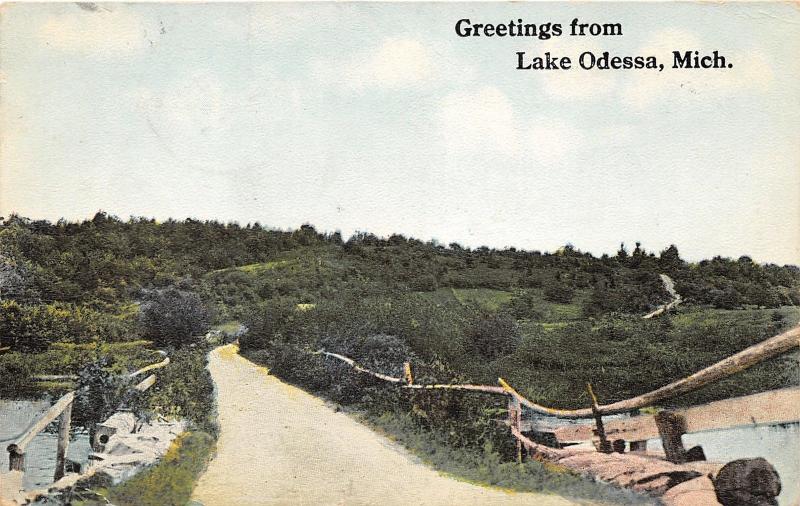 Lake Odessa Michigan~Rustic Bridge Across Stream~1913 Postcard