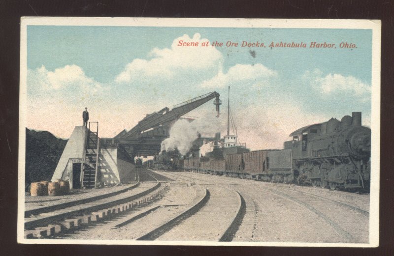 ASHTABULA HARBOR OHIO IOR ORE LOADING DOCKS RAILROAD VINTAGE POSTCARD