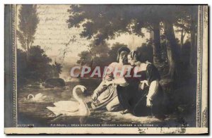 Old Postcard Two Chatelaines Giving A Manger has a swan Revoil