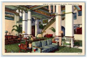 1940 View Of Lobby San Carlos Hotel & Restaurant Pensacola Florida FL Postcard