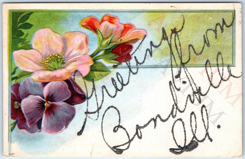 c1910s Bondville, IL Greetings Mica Glitter Floral Embossed Postcard ILL A169