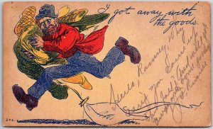1908 I Got Away With The Goods, Man Running w/ Stolen Clothes, Vintage Postcard