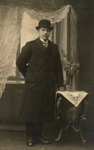 Vintage 1910's RPPC Postcard Studio Portrait Man in Derby Likely European