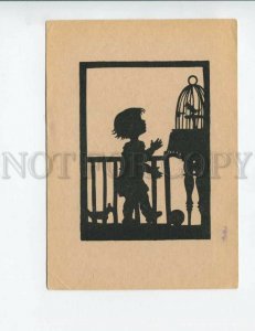 3142409 SILHOUETTE Kid w/ Bird in Birdcage by WERNER Vintage PC