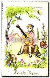 Old Postcard Bonne Fete Maman Children Guitar Rabbit