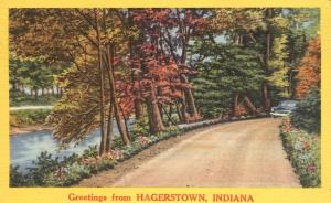 Greetings from Hagerstown IN, Indiana - Rural Road along River - Linen