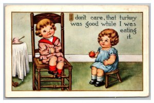 Vintage 1914 Thanksgiving Postcard Boy With Stomach Ache Eating Too Much Turkey