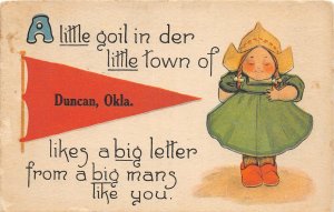 H59/ Duncan Oklahoma Postcard 1914 Pennant Dutch Child