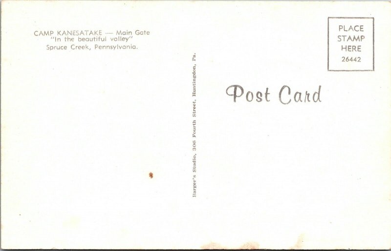 Camp Kanesatake Main Gate Spruce Creek PA VTG Chrome Postcard 