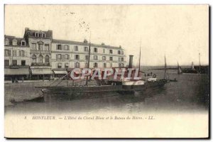 Old Postcard Honfleur L & # 39Hotel of White Horse and Boat Harbor