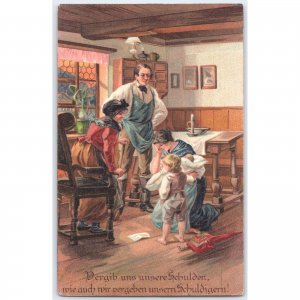 German Religious Postcard – Brünn Cancel – Forgive Us Our Debts Family Scene