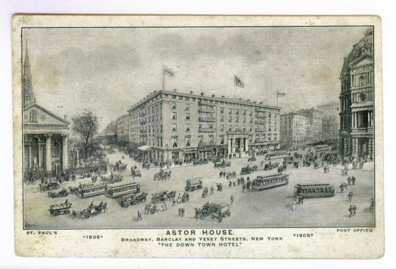 Astor House, New York, Broadway, St Paul's, Post Office, Undivided Back PPC