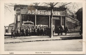 Deutsches Warenhaus Laon France Group of Soldiers Automobiles Sign Postcard E78