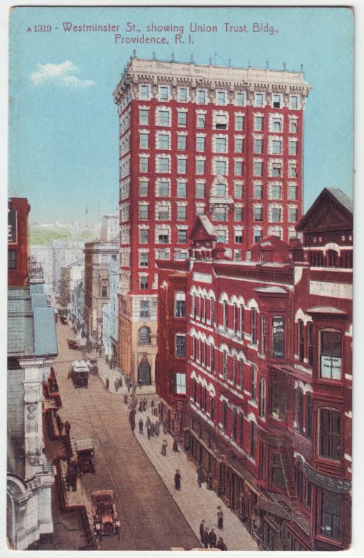 P1055  street scene view westminster street providence R.I. old cars trolly etc