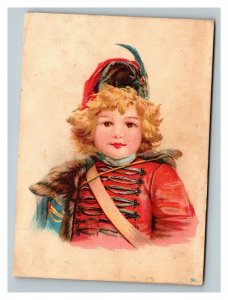 Vintage 1880's Victorian Trade Card Boy Red Soldiers Uniform Sash Blue Feather