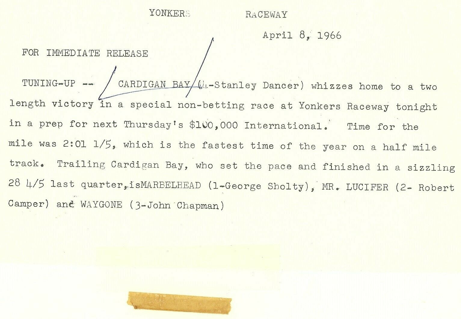 YONKERS RACEWAY, Harness Horse Race, "CARDIGAN BAY" winner, 1966 United States New York