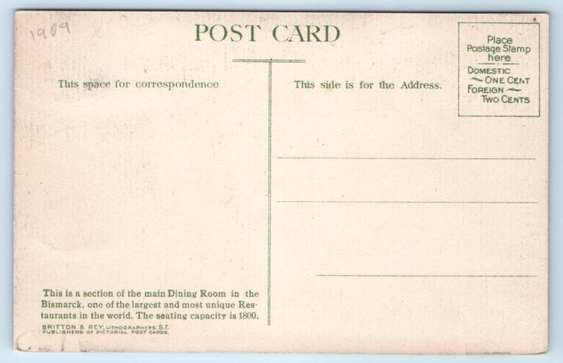 SAN FRANCISCO, CA California ~ Interior BISMARCK CAFE  c1910s Roadside Postcard