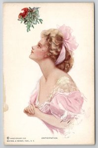 Harrison Fisher Signed Pretty Lady Anticipation Under the Mistletoe Postcard L36