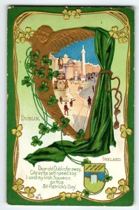 St Patricks Day Postcard Dublin Ireland Golden Harp Green Curtain Clover Nash