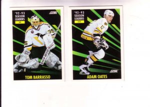 (2) Season Leaders, 1992 93 Score Hockey Trading Cards, Adam Oates, Tom Barrasso