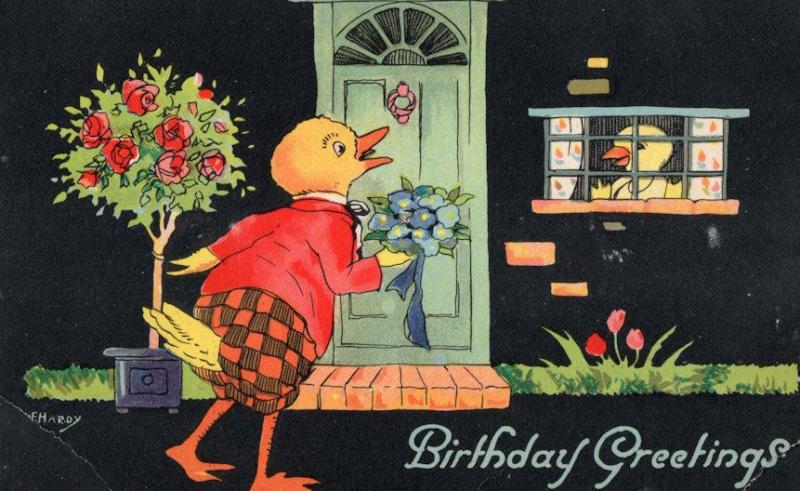 Ducks Birds On A Date Courting Antique WW2 Birthday Greetings Postcard