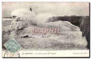 Postcard Old Treport The pier one day storm Lighthouse Lighthouse