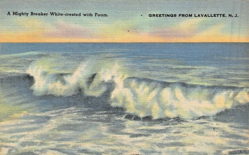 LAVALLETTE NEW JERSEY~MIGHTY BREAKERS~ GREETINGS FROM 1947 PSTMK POSTCARD