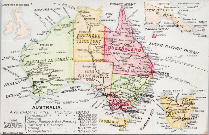 Map of Australia New Guinea Unused Robinson Dell Postcard F60