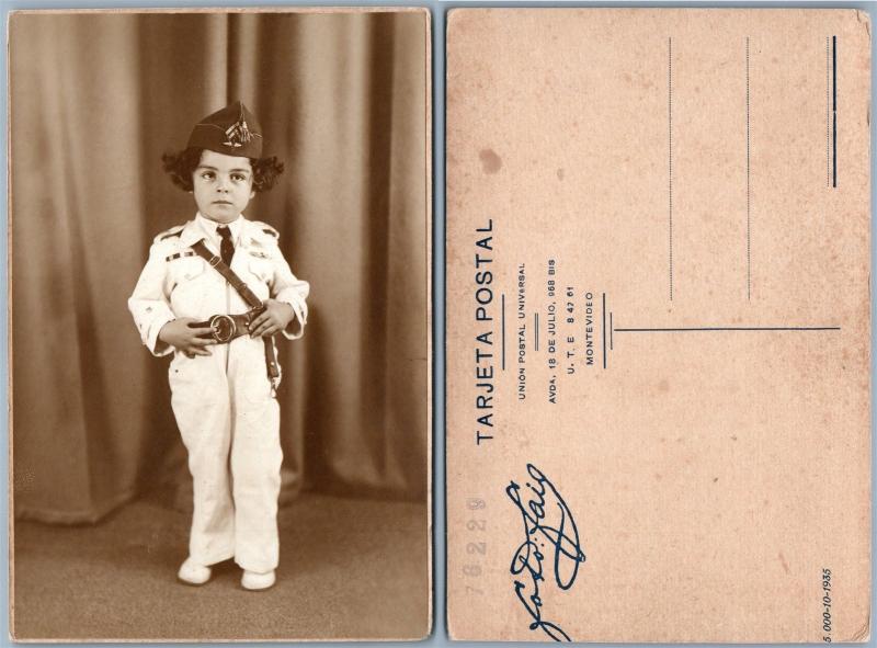 URUGUAY MONTEVIDEO LITTLE SOLDIER CUTE BOY REAL PHOTO ANTIQUE POSTCARD RPPC