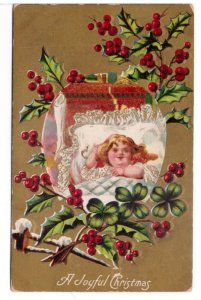 A Joyful Christmas, Young Girl, Holly, Snowy Fence, 1911 Embossed Postcard