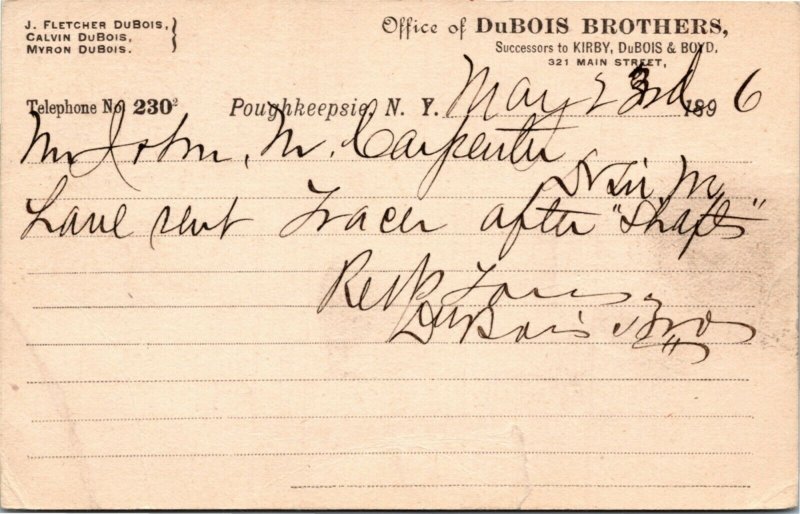 Postal Card NY Poughkeepsie Office of DuBois Brothers 1896 K33