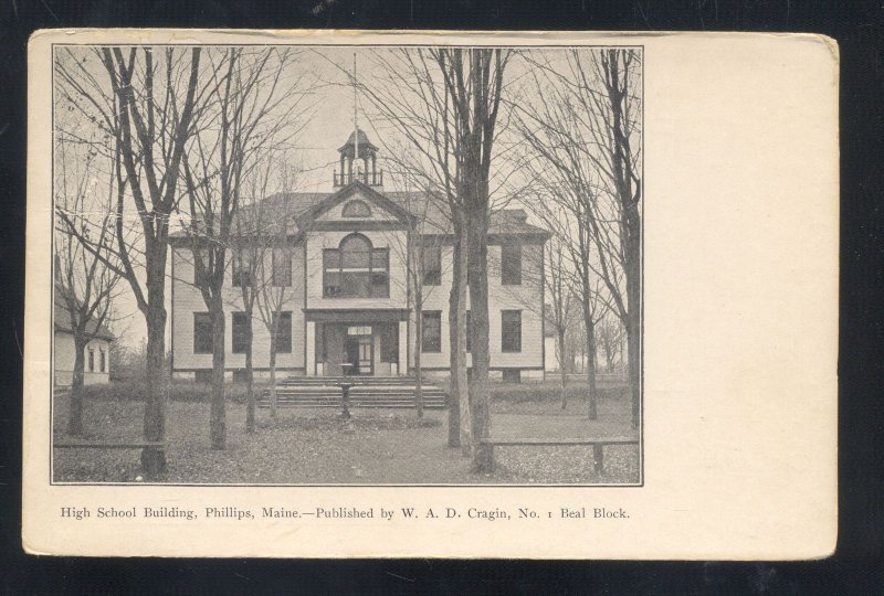 PHILLIPS MAINE HIGH SCHOOL BUILDING VINTAGE POSTCARD 1906