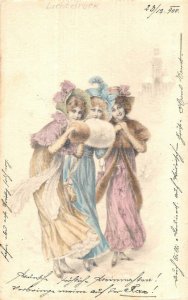 GLAMOUR WOMAN WINTER HAND MITTS AUSTRIA TRAIN CANCEL POSTCARD 1900
