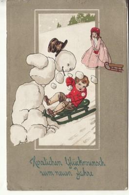 NEW YEAR in Germany  CHILDREN on SLEDS wreck SNOWMAN  191...