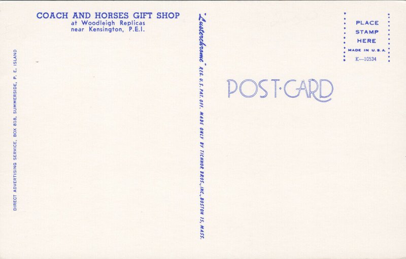 Coach and Horses Gift Shop Woodleigh Replicas Kensington PE PEI Postcard F30