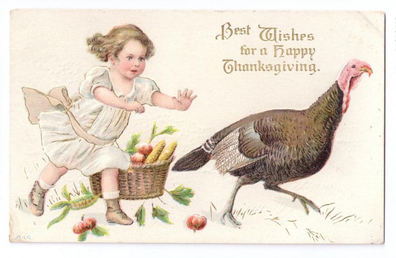 Thanksgiving Vintage Postcard Pretty Girl Chasing Turkey Embossed Gilded