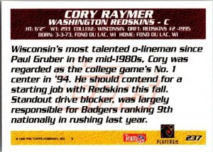 1995 Topps Football Card Cory Raymer Washington Redskins sk21442