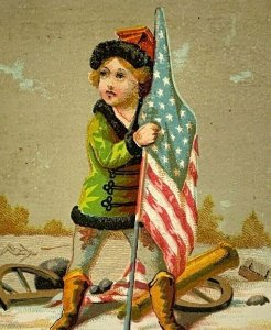 c.1880s Victorian Trade Card Boy Holding American Flag, Grocery Price List (Cut)