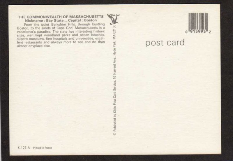 MA Massachusetts State Map Postcard Boston Framingham Postcard