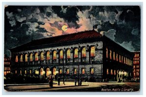 c1905 Boston MA, Public Library Building At Night Moonlight View Postcard