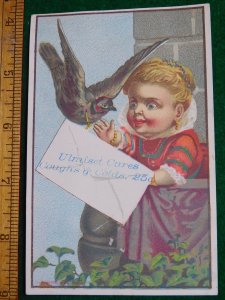 1870s-80s G A Hyne Ulmiest Cure Kids w/ Giant Bird Victorian Trade Card F34