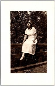 Woman Sitting On Fence Hat White Dress Postcard